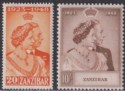 Zanzibar 1949 KGVI Royal Silver Wedding 20c, 10sh Mint SG333-334 cat £30 RSW