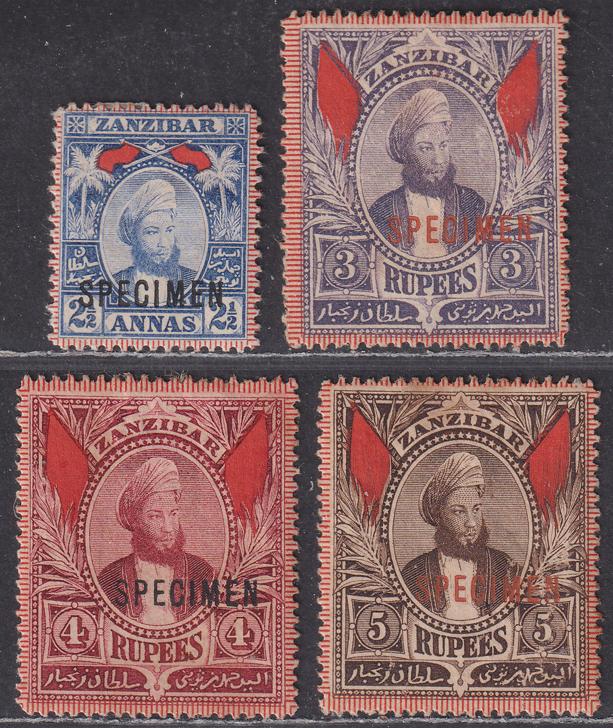 Zanzibar 1896 QV Sultan SPECIMEN Overprint 2½a, 3r, 4r, 5r Mint/Unused - faults
