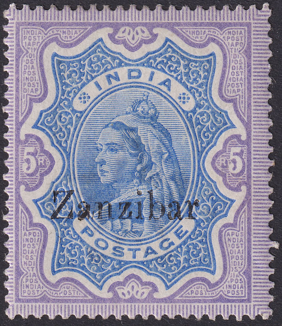 Zanzibar 1895 QV Overprint on India 5r Ultramarine and Violet Mint SG21 cat £150