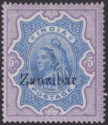 Zanzibar 1895 QV Overprint on India 5r Ultramarine and Violet Mint SG21 cat £150