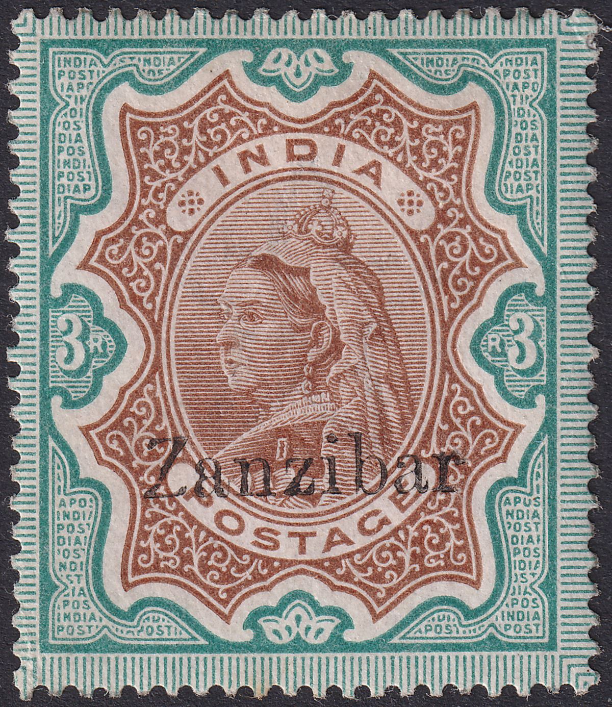 Zanzibar 1895 QV Overprint on India 3r Brown and Green Mint SG20 cat £140