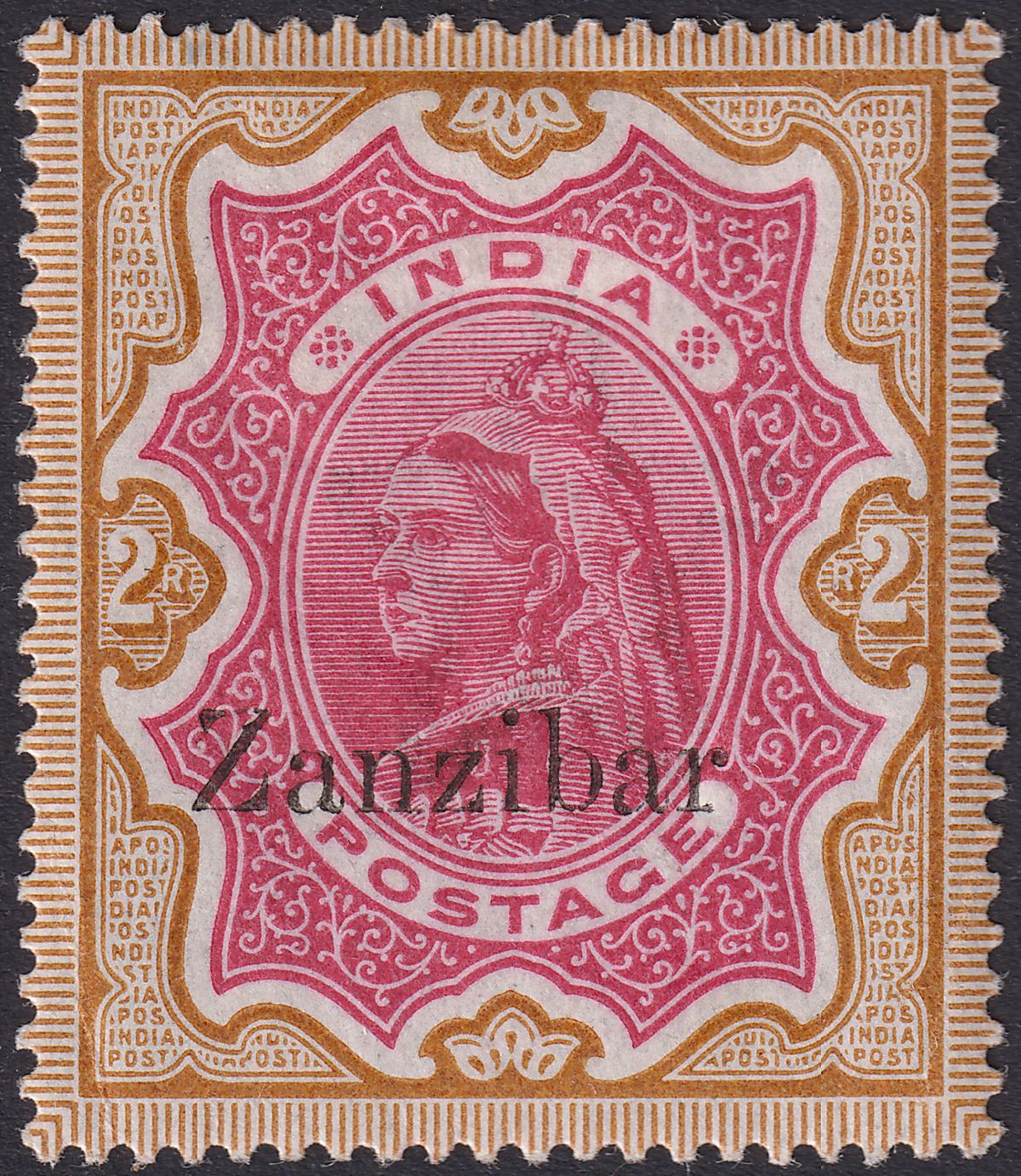 Zanzibar 1895 QV Overprint on India 2r Carmine + Yellow-Brown Mint SG19 cat £130