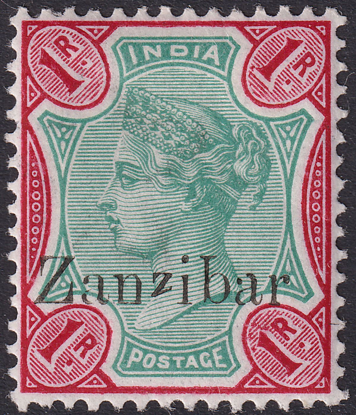 Zanzibar 1896 QV Overprint on India 1r Green + Carmine w Gothic z Mint SG18var