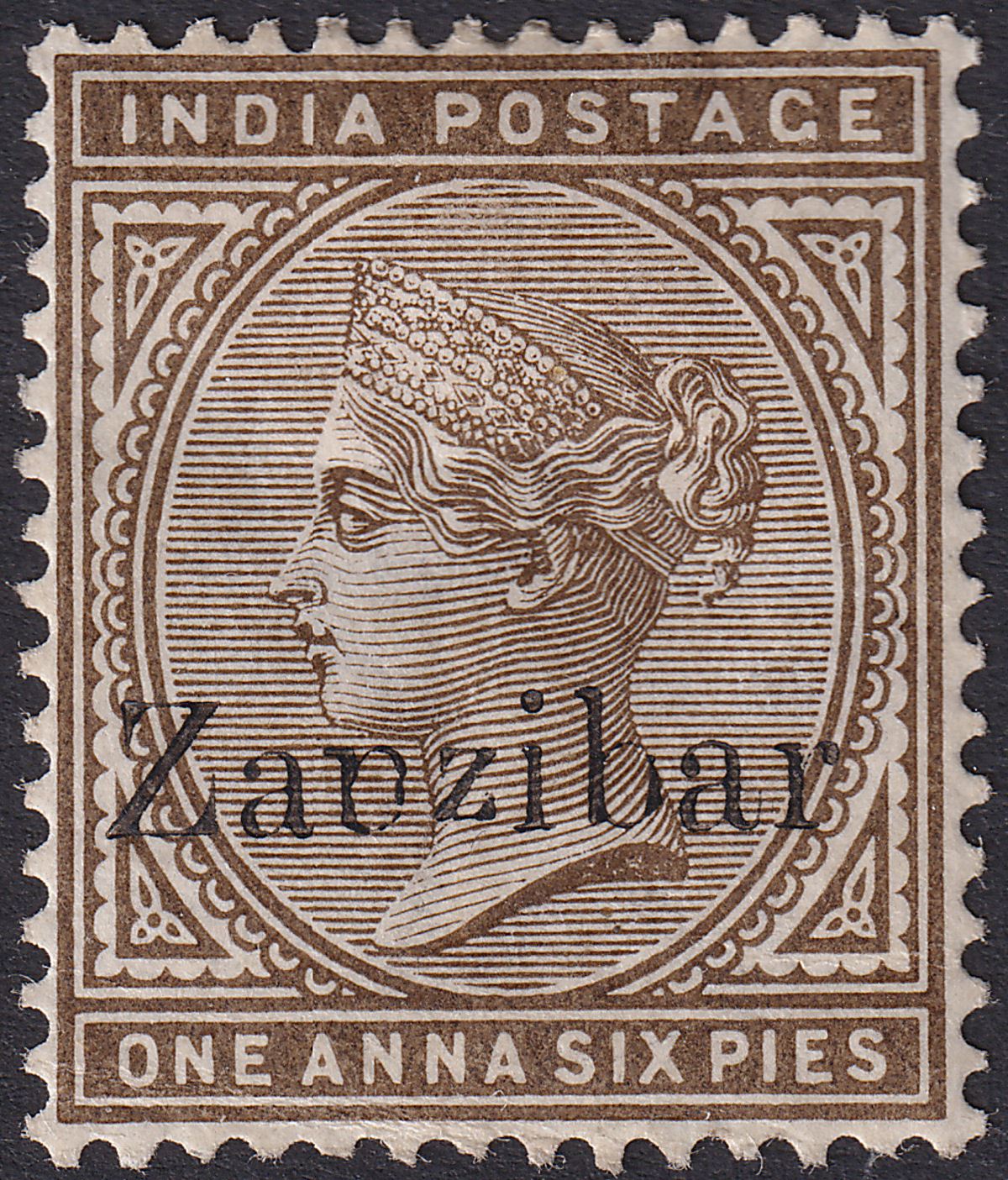 Zanzibar 1895 QV Overprint on India 1a6p Sepia Mint SG5 with Broken p for n