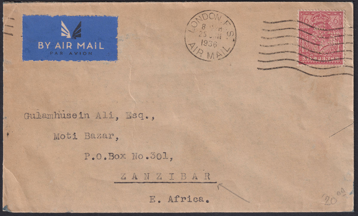 King George V 1936 6d CE&M Perfin Used on Cover London to Zanzibar