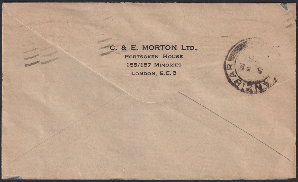 King George V 1936 6d CE&M Perfin Used on Cover London to Zanzibar