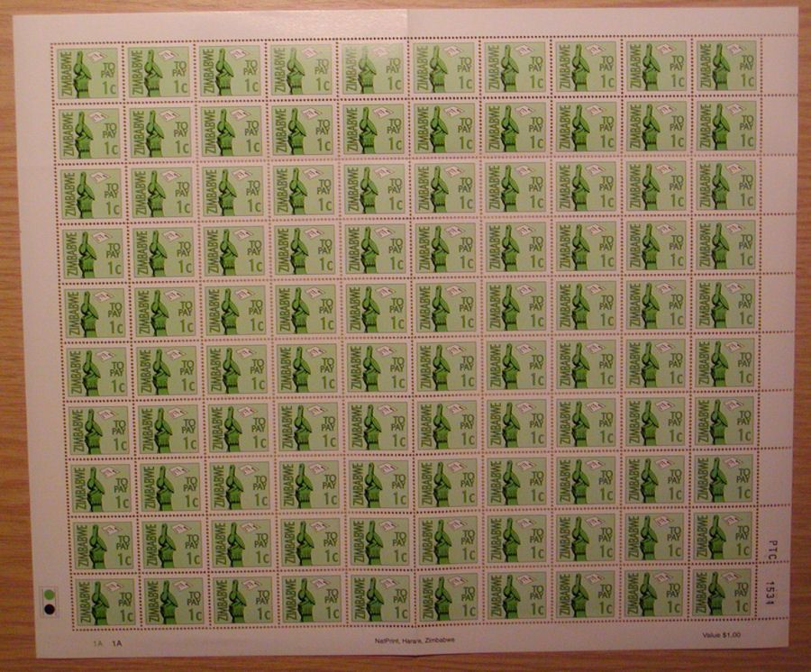 Zimbabwe 2000 1c Postage Due Mint full sheet of 100 D42