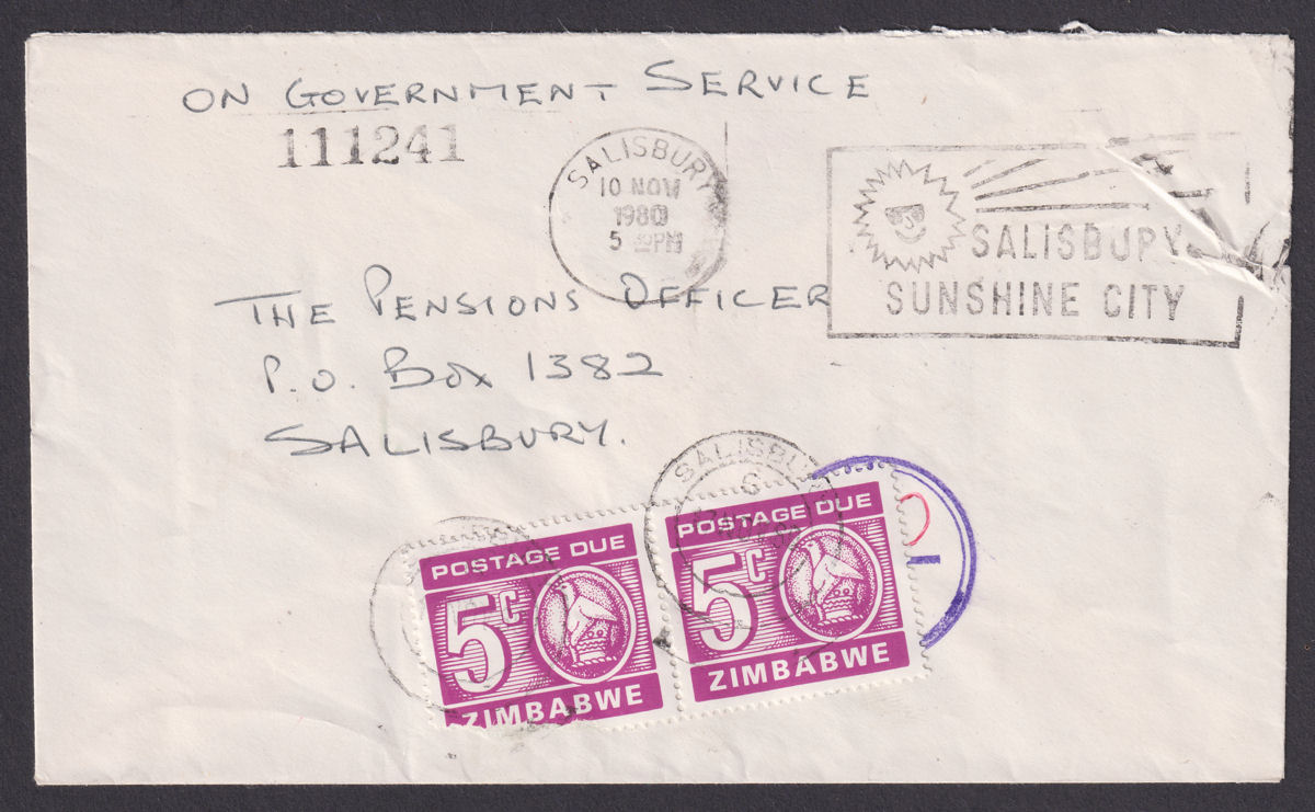 Zimbabwe 1980 QEII Unstamped Official Cover Used Postage Due 5c Pair SG D25