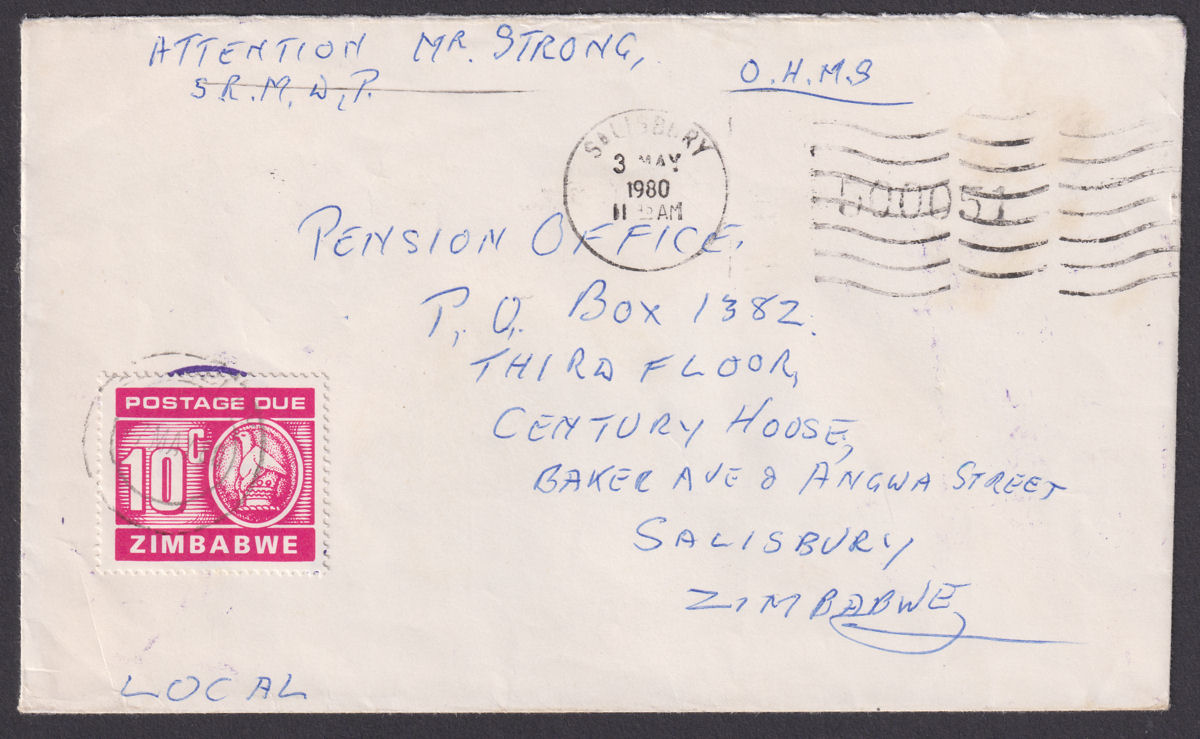 Zimbabwe 1980 QEII Unstamped Official Local Cover Used w Postage Due 10c SG D22