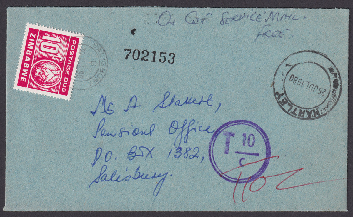 Zimbabwe 1980 QEII Unstamped Service Cover Used with Postage Due 10c SG D22