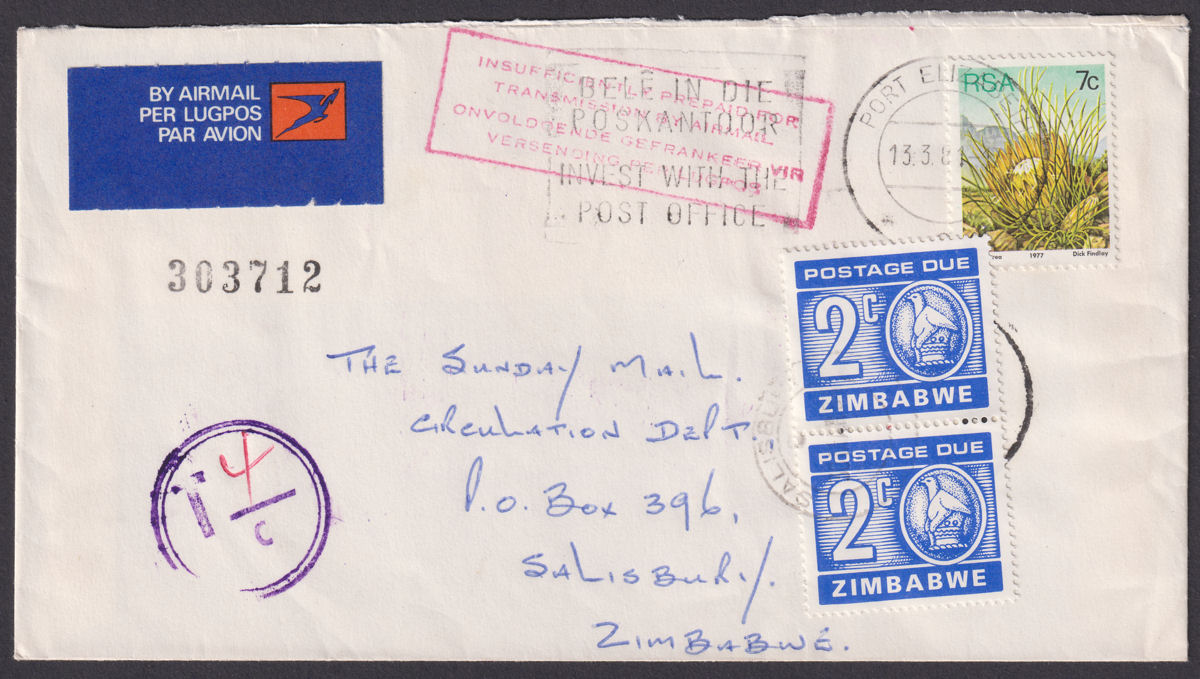 South Africa 1981 7c Airmail Cover Used w Zimbabwe Postage Due 2c Pair SG D24
