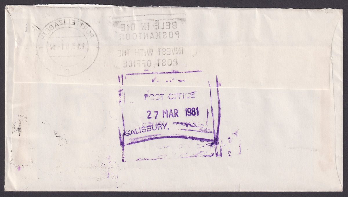 South Africa 1981 7c Airmail Cover Used w Zimbabwe Postage Due 2c Pair SG D24
