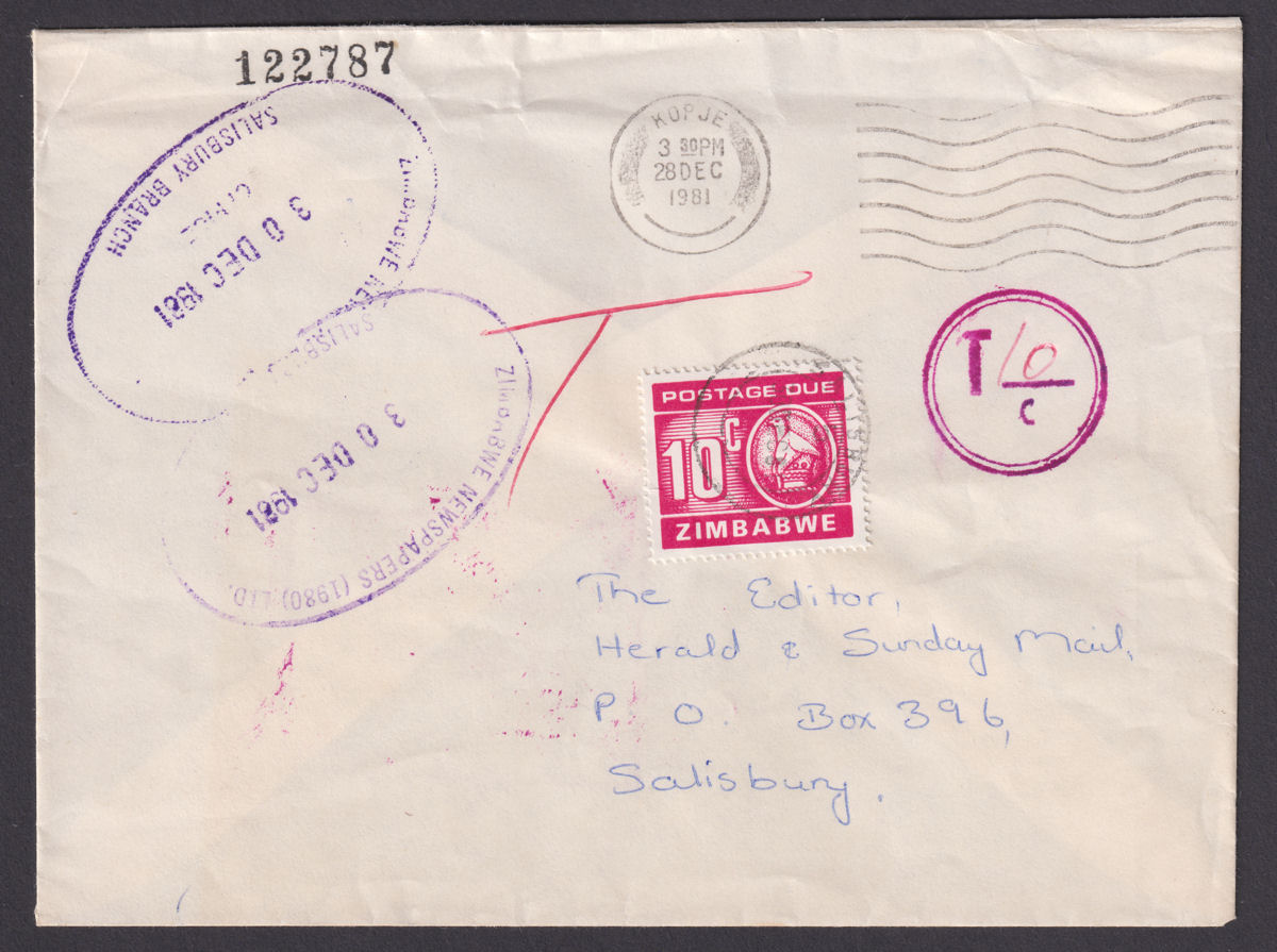 Zimbabwe 1981 QEII Unstamped Cover Used with Postage Due 10c SG D27