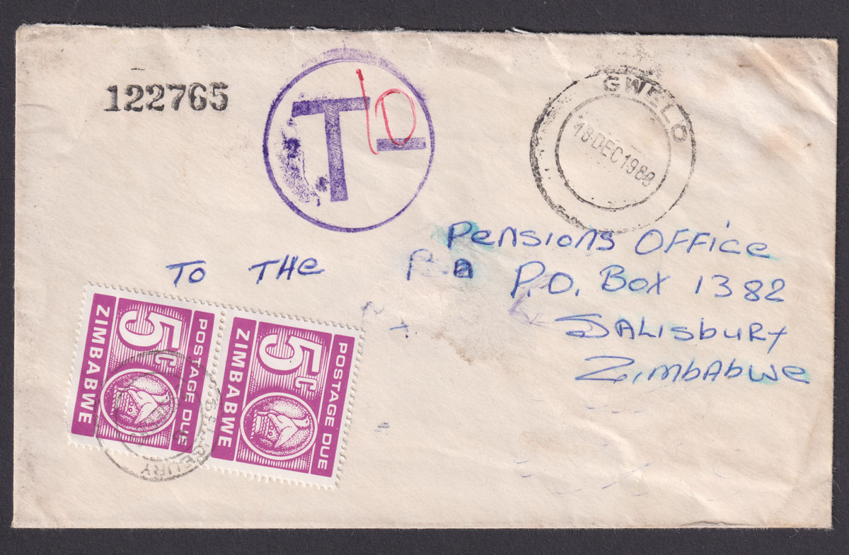 Zimbabwe 1980 QEII Unstamped Cover Used with Postage Due 5c Pair SG D25