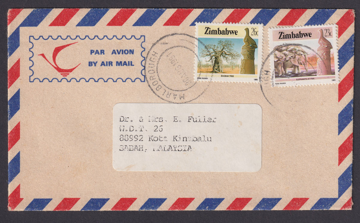 Zimbabwe 1991 QEII 26c, 23c Used on Airmail Cover MARLBOROUGH to Sabah Malaysia