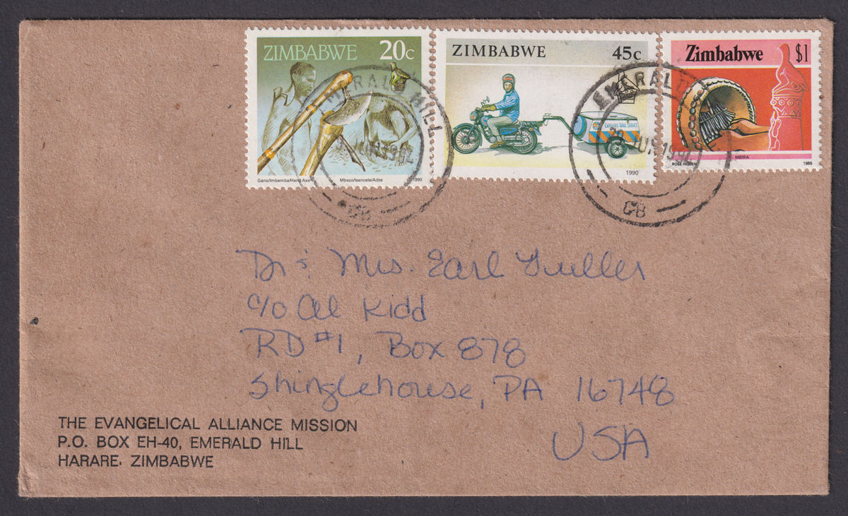 Zimbabwe 1994 QEII $1, 45c, 20c Used on Cover EMERALD HILL to Pennsylvania