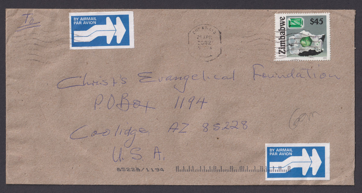 Zimbabwe 2002 QEII $45 Used on Airmail Cover SG1082 BULAWAYO to Arizona