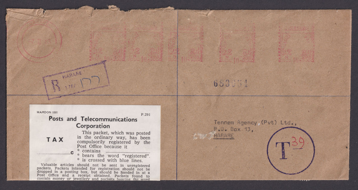 Zimbabwe 1983 QEII 50c Meter Mail Regd Cover Used Postage Due 10c x3, 5c, 2c x2