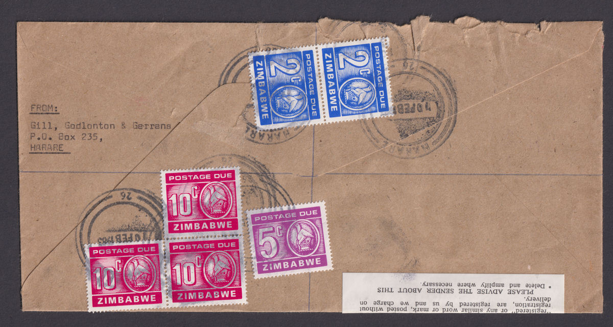Zimbabwe 1983 QEII 50c Meter Mail Regd Cover Used Postage Due 10c x3, 5c, 2c x2