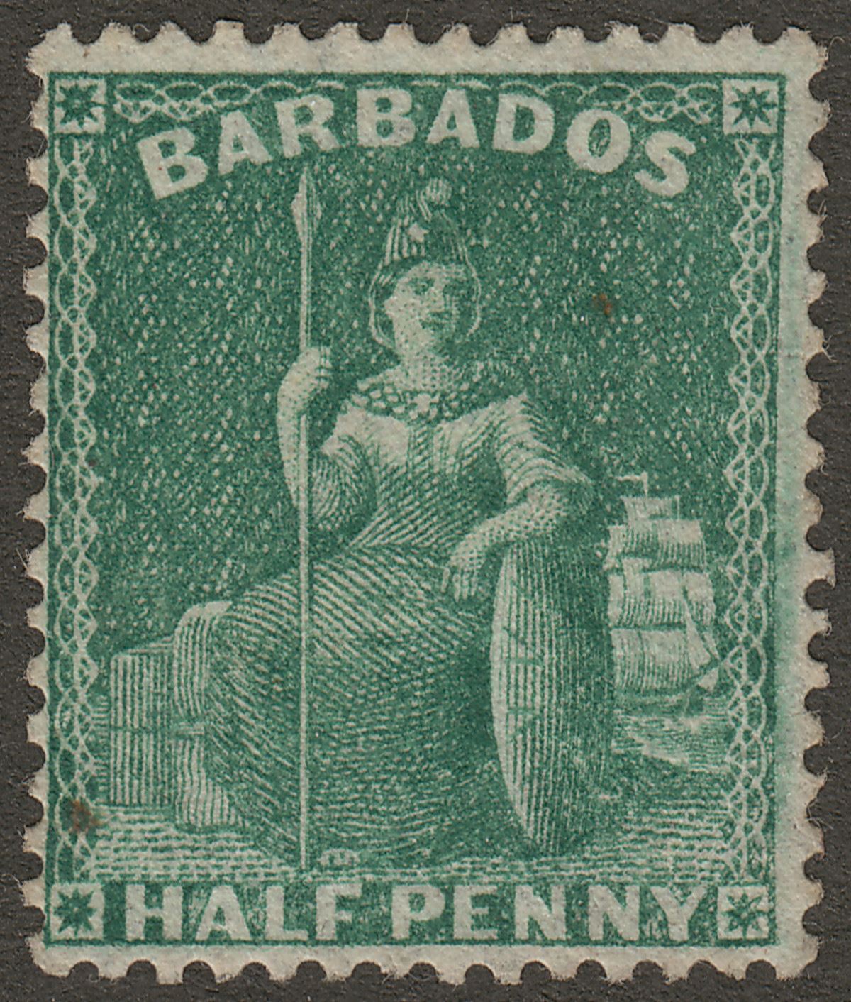 Barbados 1874 QV Britannia ½d Deep Green Unused SG65 cat £60 as mint