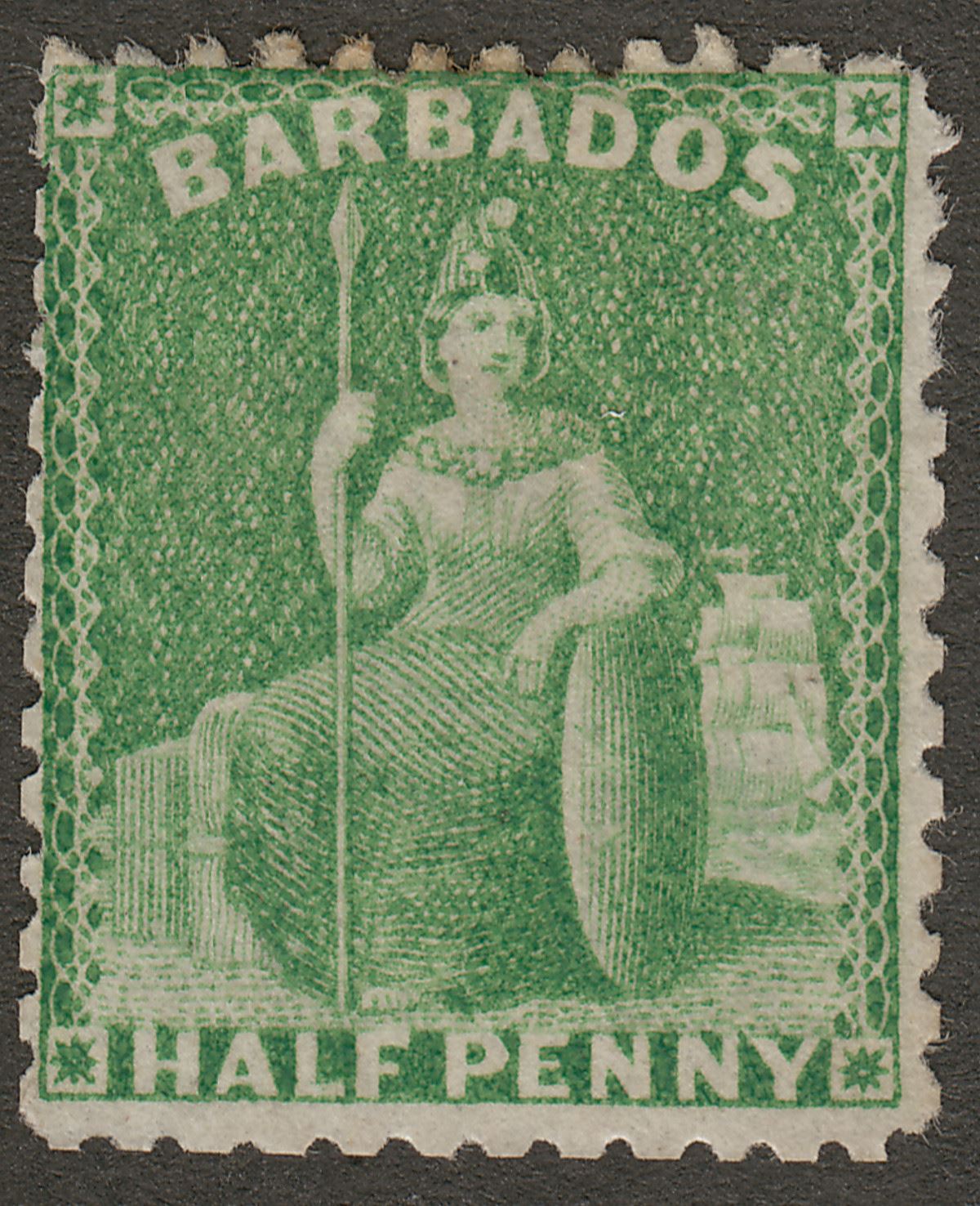 Barbados 1875 QV Britannia ½d Bright Green perf 12½ Unused SG67 cat £90 as mint