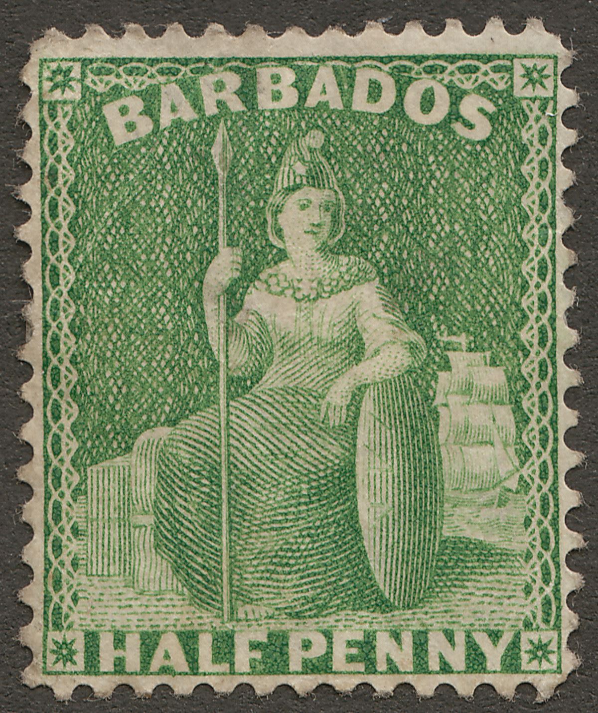 Barbados 1876 QV Britannia ½d Bright Green perf 14 Mint SG72 cat £27