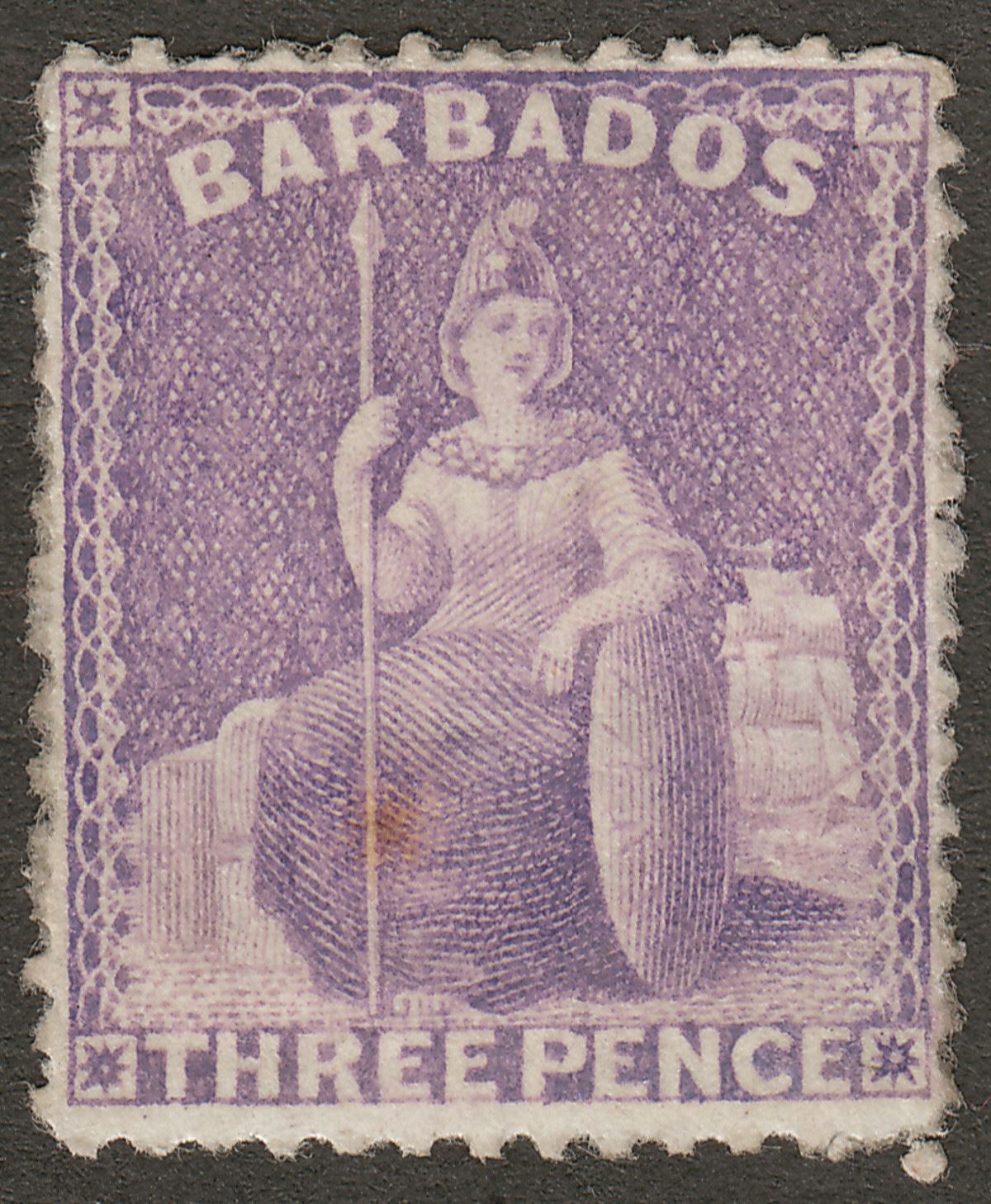 Barbados 1878 QV Britannia 3d Mauve-Lilac perf 14 Mint SG75 cat £170 tone spot