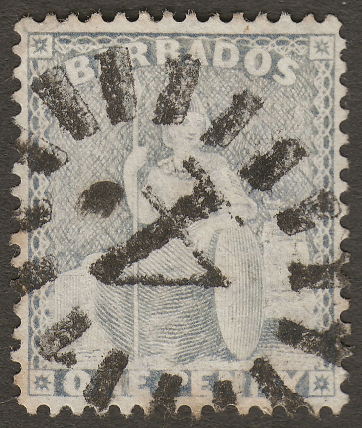 Barbados 1875 QV Britannia 1d Grey-Blue perf 14 Used with Numeral 4 Postmark
