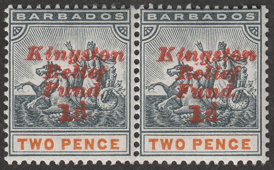 Barbados 1907 KEVII 1d Kingston Relief 2d Variety No Stop in Pair Mint SG153e