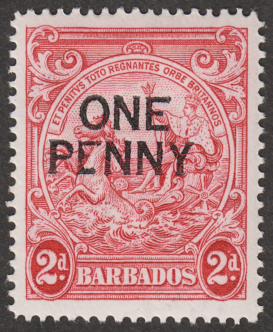Barbados 1947 KGVI 1d Surcharge on 2d Carmine p14 Variety Broken E Mint SG264d