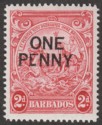 Click for more photos and details Barbados 1947 KGVI 1d Surcharge on 2d Carmine p14 Variety Broken E Mint SG264d